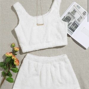 White Fuzzy Crop Top and Shorts Set
